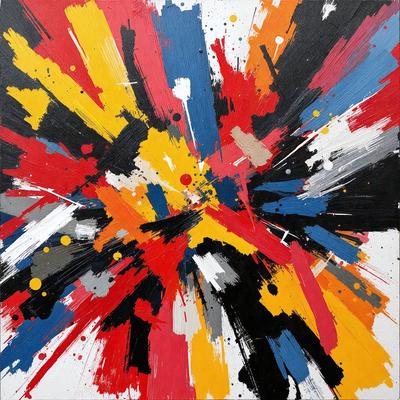 The primary subject of the image is a large, colorful painting featuring a mix of red, yellow, blue, and orange colors. The painting is displayed on a white wall, which serves as the setting. The visual style of the painting appears to be a combination of digital art and illustration, creating a vibrant and dynamic scene. The colors and mood of the painting evoke a sense of energy and excitement, making it an eye-catching and engaging piece of art.